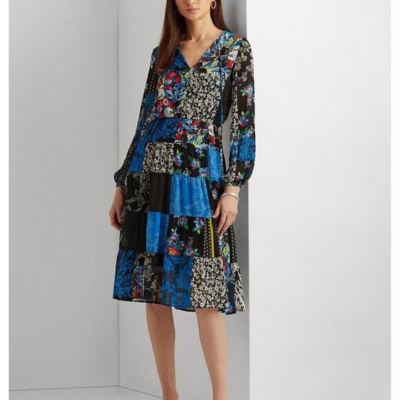 Ralph Lauren Colorful Patchwork Long Sleeve Georgette  Dress sz 8 - Picture 1 of 6